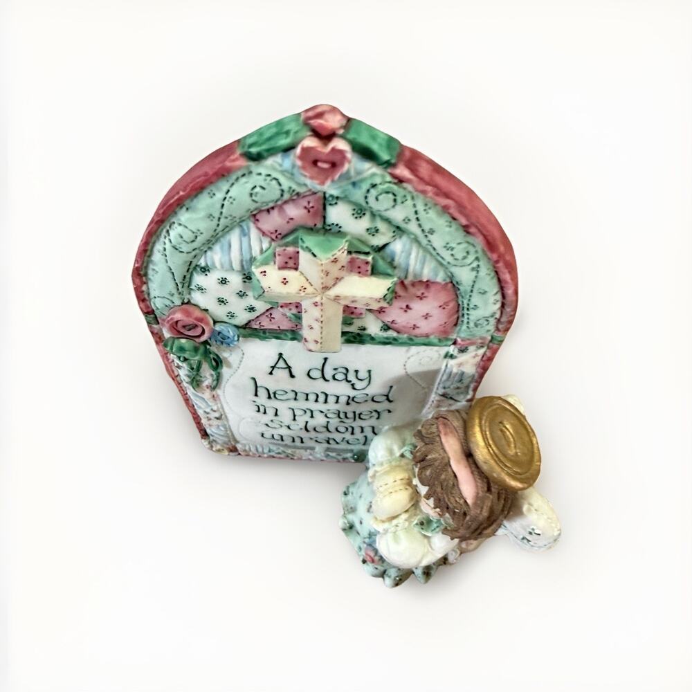Enesco Cute As A Button He is Sew Faithful 1995 Mary Rhyner Sewing Angel Figure - Picture 2 of 4